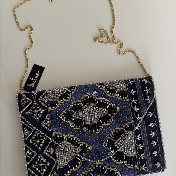 🔥NWT Lulu's Navy and Gold Beaded Clutch with Gold Chain - Picture 5 of 7